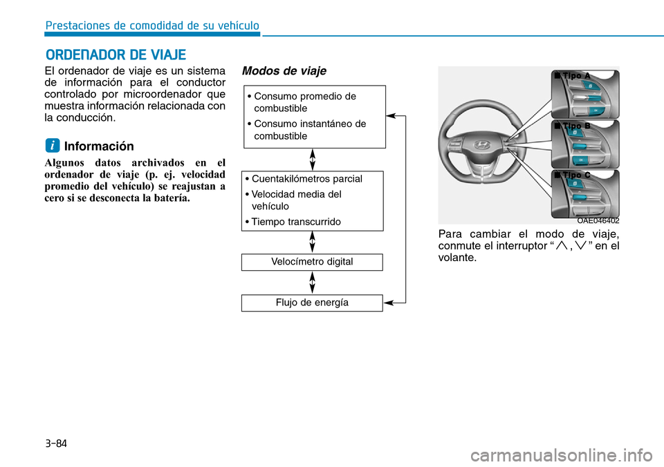 Hyundai Ioniq Electric 2018 Manual del propietario (in Spanish) 3-84
Prestaciones de comodidad de su vehículo
ORDENADOR DE VIAJE
El ordenador de viaje es un sistema
de información para el conductor
controlado por microordenador que
muestra información relacion Hyundai Ioniq Electric 2018 Manual del propietario (in Spanish) 3-84
Prestaciones de comodidad de su vehículo
ORDENADOR DE VIAJE
El ordenador de viaje es un sistema
de información para el conductor
controlado por microordenador que
muestra información relacion
