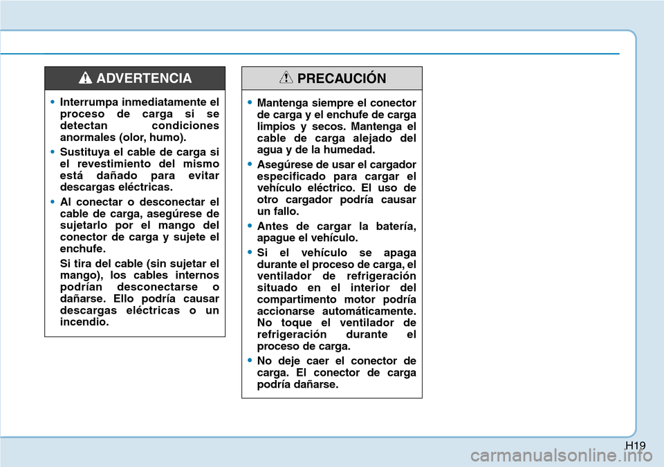 Hyundai Ioniq Electric 2018  Manual del propietario (in Spanish) H19
•Interrumpa inmediatamente el
proceso de carga si se
detectan condiciones
anormales (olor, humo).
•Sustituya el cable de carga si
el revestimiento del mismo
está dañado para evitar
descargas