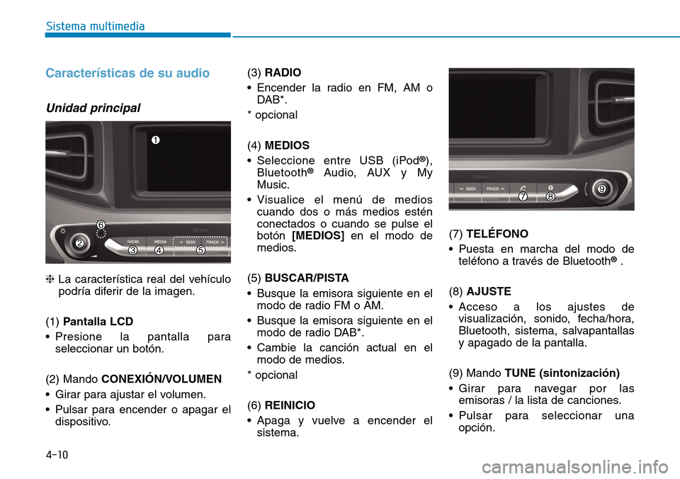 Hyundai Ioniq Electric 2018 Manual del propietario (in Spanish) 4-10
Sistema multimedia
Características de su audio
Unidad principal
❈La característica real del vehículo
podría diferir de la imagen.
(1) Pantalla LCD
• Presione la pantalla para
seleccionar Hyundai Ioniq Electric 2018 Manual del propietario (in Spanish) 4-10
Sistema multimedia
Características de su audio
Unidad principal
❈La característica real del vehículo
podría diferir de la imagen.
(1) Pantalla LCD
• Presione la pantalla para
seleccionar