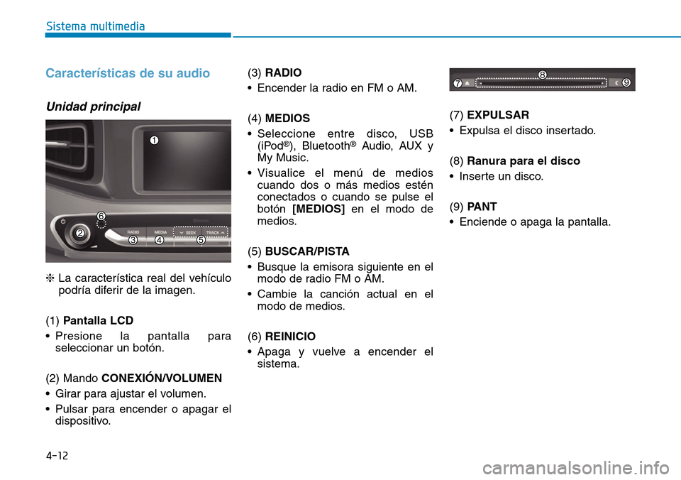 Hyundai Ioniq Electric 2018 Manual del propietario (in Spanish) 4-12
Sistema multimedia
Características de su audio
Unidad principal
❈La característica real del vehículo
podría diferir de la imagen.
(1) Pantalla LCD
• Presione la pantalla para
seleccionar Hyundai Ioniq Electric 2018 Manual del propietario (in Spanish) 4-12
Sistema multimedia
Características de su audio
Unidad principal
❈La característica real del vehículo
podría diferir de la imagen.
(1) Pantalla LCD
• Presione la pantalla para
seleccionar