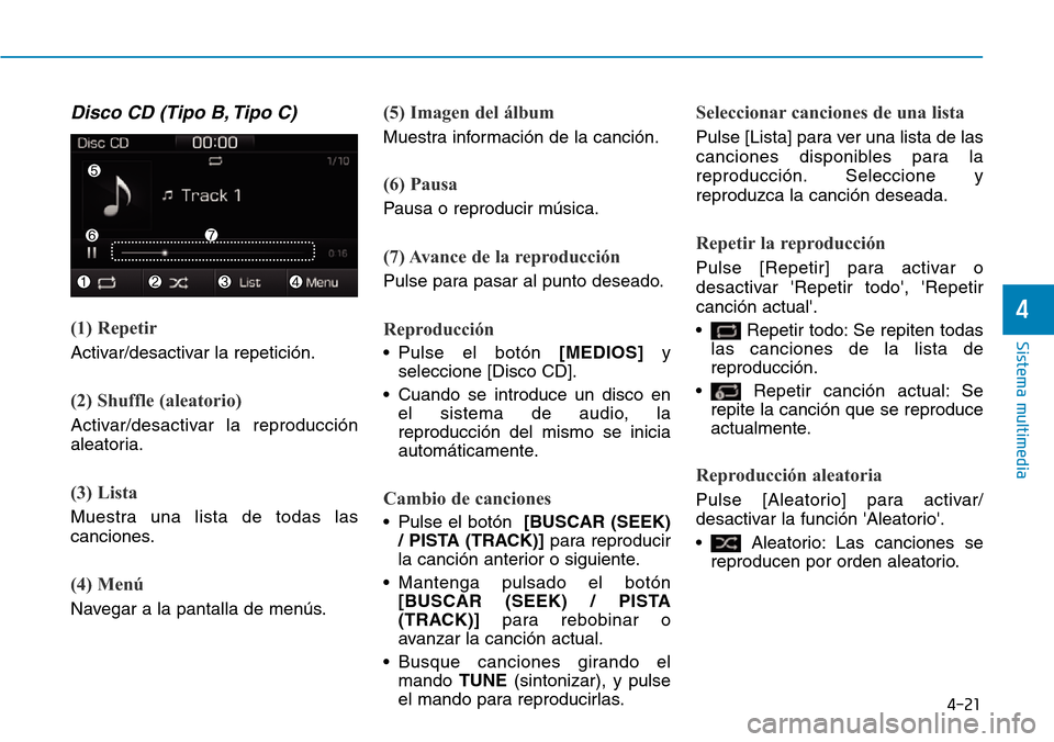Hyundai Ioniq Electric 2018 Manual del propietario (in Spanish) 4-21
Sistema multimedia
4
Disco CD (Tipo B, Tipo C)
(1) Repetir
Activar/desactivar la repetición.
(2) Shuffle (aleatorio)
Activar/desactivar la reproducción
aleatoria.
(3) Lista
Muestra una lista de Hyundai Ioniq Electric 2018 Manual del propietario (in Spanish) 4-21
Sistema multimedia
4
Disco CD (Tipo B, Tipo C)
(1) Repetir
Activar/desactivar la repetición.
(2) Shuffle (aleatorio)
Activar/desactivar la reproducción
aleatoria.
(3) Lista
Muestra una lista de