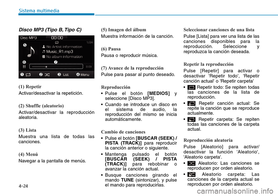 Hyundai Ioniq Electric 2018 Manual del propietario (in Spanish) 4-24
Sistema multimedia
Disco MP3 (Tipo B, Tipo C)
(1) Repetir
Activar/desactivar la repetición.
(2) Shuffle (aleatorio)
Activar/desactivar la reproducción
aleatoria.
(3) Lista
Muestra una lista de Hyundai Ioniq Electric 2018 Manual del propietario (in Spanish) 4-24
Sistema multimedia
Disco MP3 (Tipo B, Tipo C)
(1) Repetir
Activar/desactivar la repetición.
(2) Shuffle (aleatorio)
Activar/desactivar la reproducción
aleatoria.
(3) Lista
Muestra una lista de