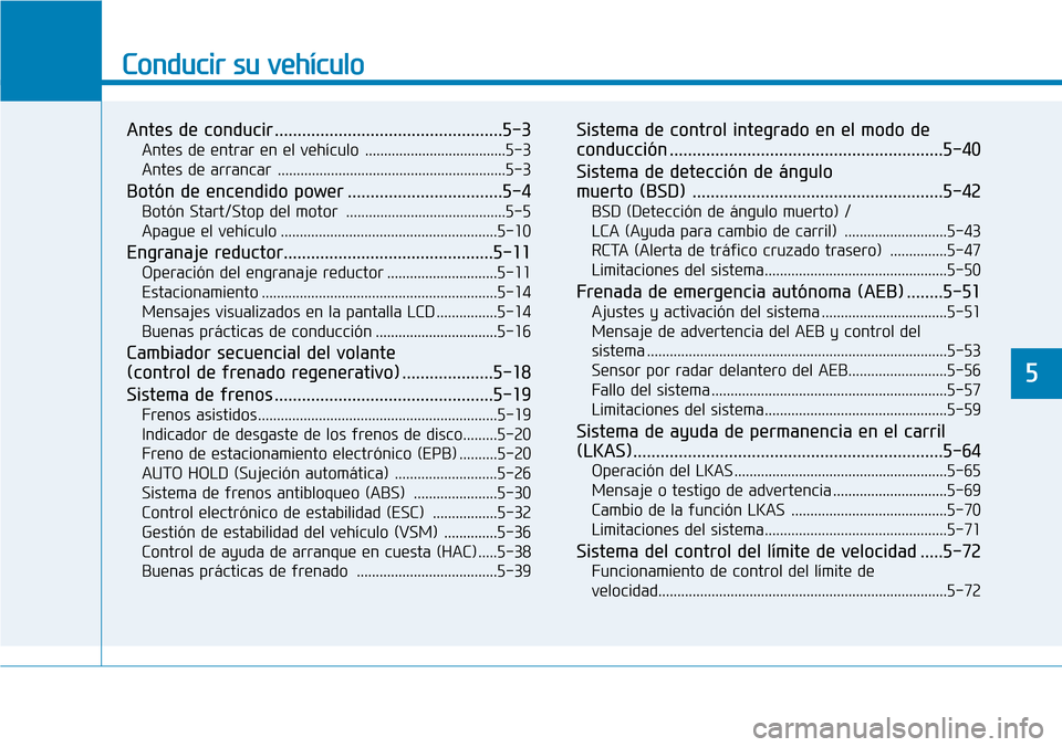 Hyundai Ioniq Electric 2018  Manual del propietario (in Spanish) Conducir su vehículo
Antes de conducir ..................................................5-3
Antes de entrar en el vehículo .....................................5-3
Antes de arrancar ...............
