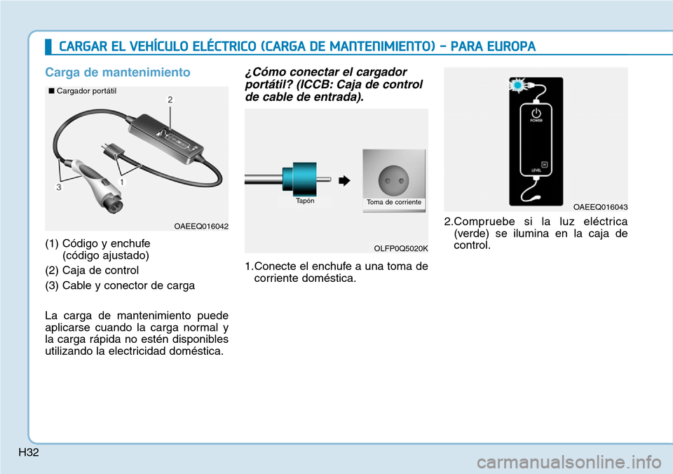 Hyundai Ioniq Electric 2018  Manual del propietario (in Spanish) H32
Carga de mantenimiento
(1) Código y enchufe 
(código ajustado)
(2) Caja de control
(3) Cable y conector de carga
La carga de mantenimiento puede
aplicarse cuando la carga normal y
la carga rápi