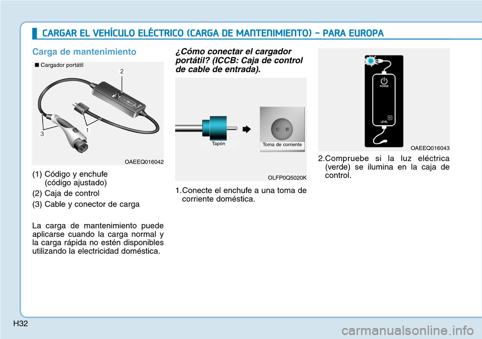 Hyundai Ioniq Electric 2018 Manual del propietario (in Spanish) H32
Carga de mantenimiento
(1) Código y enchufe
(código ajustado)
(2) Caja de control
(3) Cable y conector de carga
La carga de mantenimiento puede
aplicarse cuando la carga normal y
la carga rápi Hyundai Ioniq Electric 2018 Manual del propietario (in Spanish) H32
Carga de mantenimiento
(1) Código y enchufe
(código ajustado)
(2) Caja de control
(3) Cable y conector de carga
La carga de mantenimiento puede
aplicarse cuando la carga normal y
la carga rápi