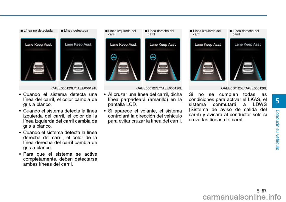 Hyundai Ioniq Electric 2018 Manual del propietario (in Spanish) 5-67
Conducir su vehículo
5
• Cuando el sistema detecta una
línea del carril, el color cambia de
gris a blanco.
• Cuando el sistema detecta la línea
izquierda del carril, el color de la
línea Hyundai Ioniq Electric 2018 Manual del propietario (in Spanish) 5-67
Conducir su vehículo
5
• Cuando el sistema detecta una
línea del carril, el color cambia de
gris a blanco.
• Cuando el sistema detecta la línea
izquierda del carril, el color de la
línea
