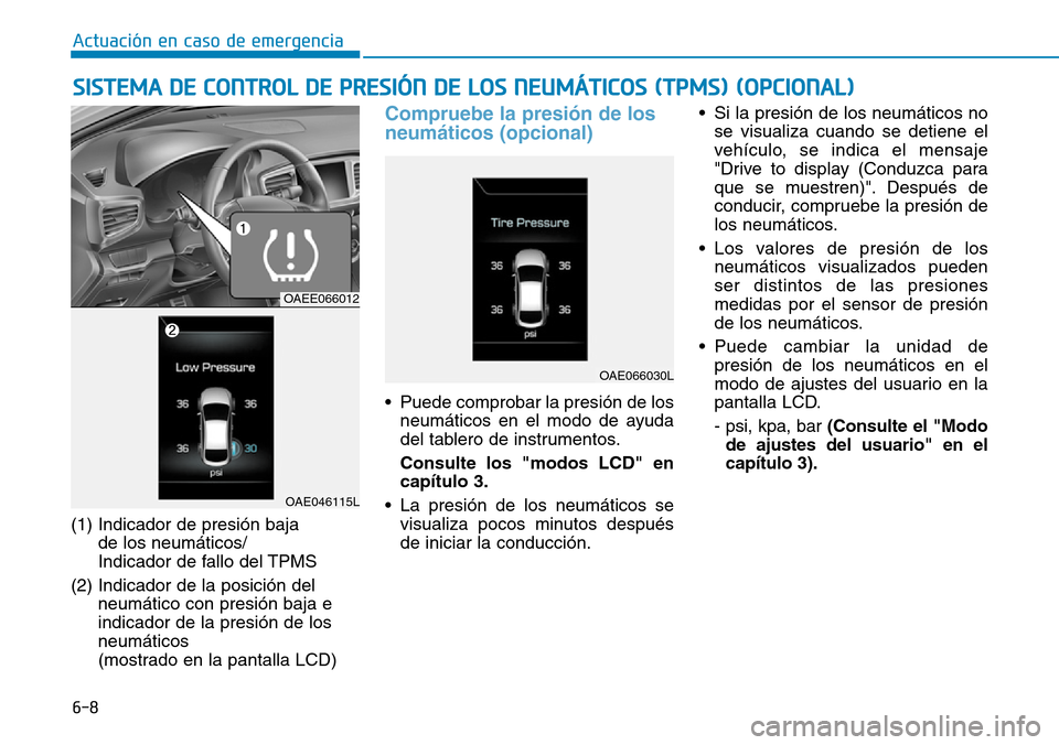 Hyundai Ioniq Electric 2018  Manual del propietario (in Spanish) 6-8
Actuación en caso de emergencia
(1) Indicador de presión baja 
de los neumáticos/
Indicador de fallo del TPMS
(2) Indicador de la posición del
neumático con presión baja e
indicador de la pr