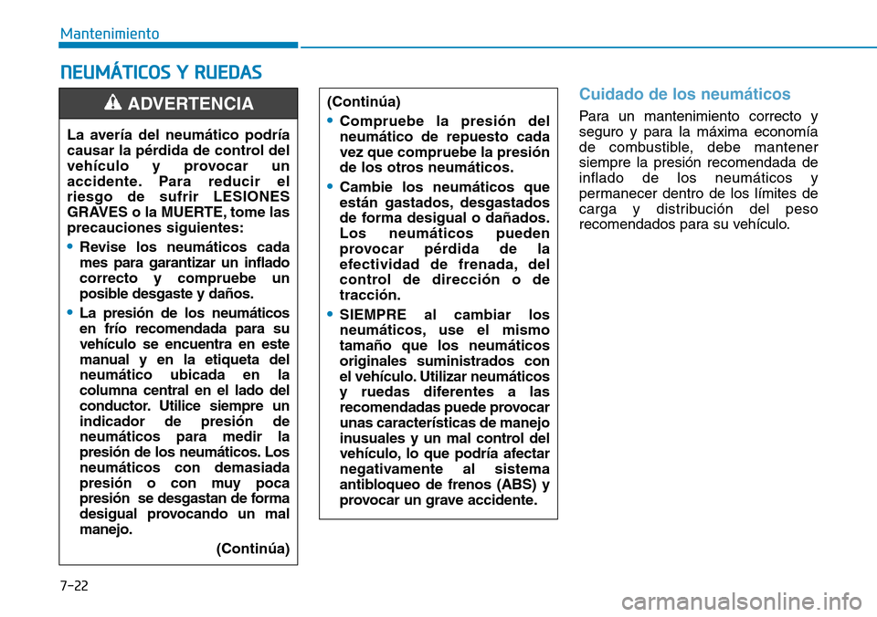 Hyundai Ioniq Electric 2018  Manual del propietario (in Spanish) 7-22
Mantenimiento
NEUMÁTICOS Y RUEDAS
Cuidado de los neumáticos
Para un mantenimiento correcto y
seguro y para la máxima economía
de combustible, debe mantener
siempre la presión recomendada de
