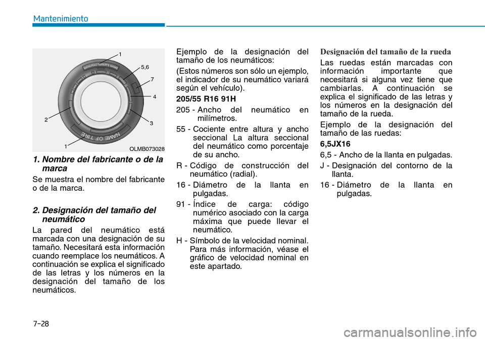 Hyundai Ioniq Electric 2018  Manual del propietario (in Spanish) 7-28
Mantenimiento
1. Nombre del fabricante o de la
marca
Se muestra el nombre del fabricante
o de la marca.
2. Designación del tamaño del
neumático
La pared del neumático está
marcada con una de