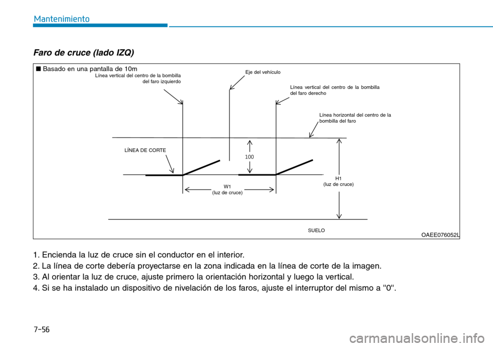 Hyundai Ioniq Electric 2018 Manual del propietario (in Spanish) 7-56
Mantenimiento
Faro de cruce (lado IZQ)
1. Encienda la luz de cruce sin el conductor en el interior.
2. La línea de corte debería proyectarse en la zona indicada en la línea de corte de la ima Hyundai Ioniq Electric 2018 Manual del propietario (in Spanish) 7-56
Mantenimiento
Faro de cruce (lado IZQ)
1. Encienda la luz de cruce sin el conductor en el interior.
2. La línea de corte debería proyectarse en la zona indicada en la línea de corte de la ima
