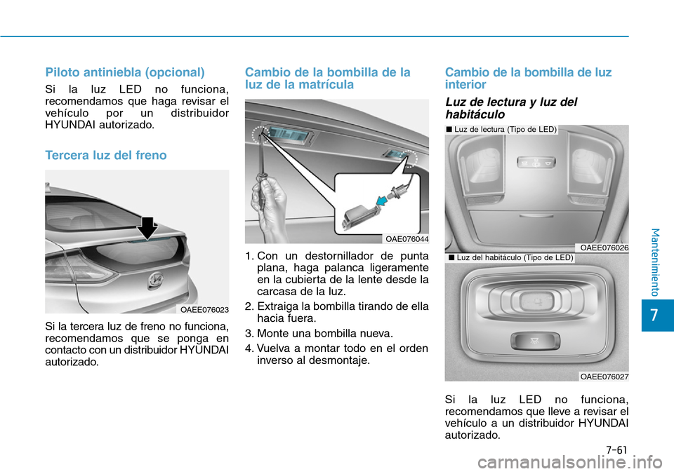 Hyundai Ioniq Electric 2018  Manual del propietario (in Spanish) 7-61
7
Mantenimiento
Piloto antiniebla (opcional)
Si la luz LED no funciona,
recomendamos que haga revisar el
vehículo por un distribuidor
HYUNDAI autorizado.
Tercera luz del freno
Si la tercera luz 
