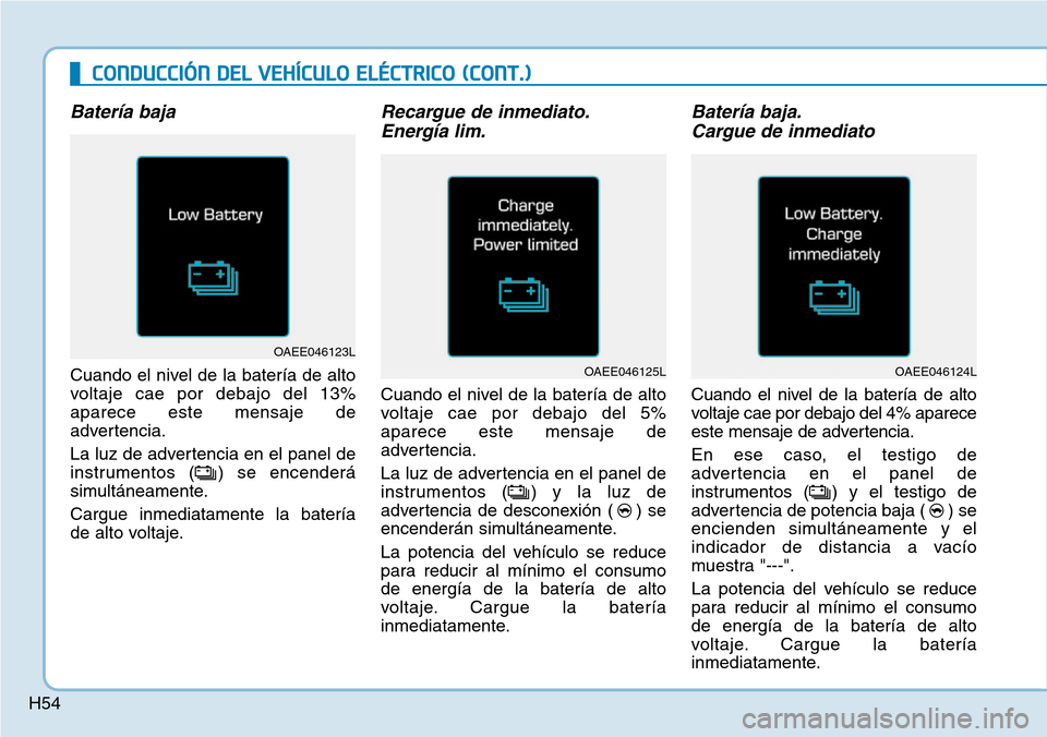 Hyundai Ioniq Electric 2018 Manual del propietario (in Spanish) H54
CONDUCCIÓN DEL VEHÍCULO ELÉCTRICO (CONT.)
Batería baja
Cuando el nivel de la batería de alto
voltaje cae por debajo del 13%
aparece este mensaje de
advertencia.
La luz de advertencia en el pa Hyundai Ioniq Electric 2018 Manual del propietario (in Spanish) H54
CONDUCCIÓN DEL VEHÍCULO ELÉCTRICO (CONT.)
Batería baja
Cuando el nivel de la batería de alto
voltaje cae por debajo del 13%
aparece este mensaje de
advertencia.
La luz de advertencia en el pa