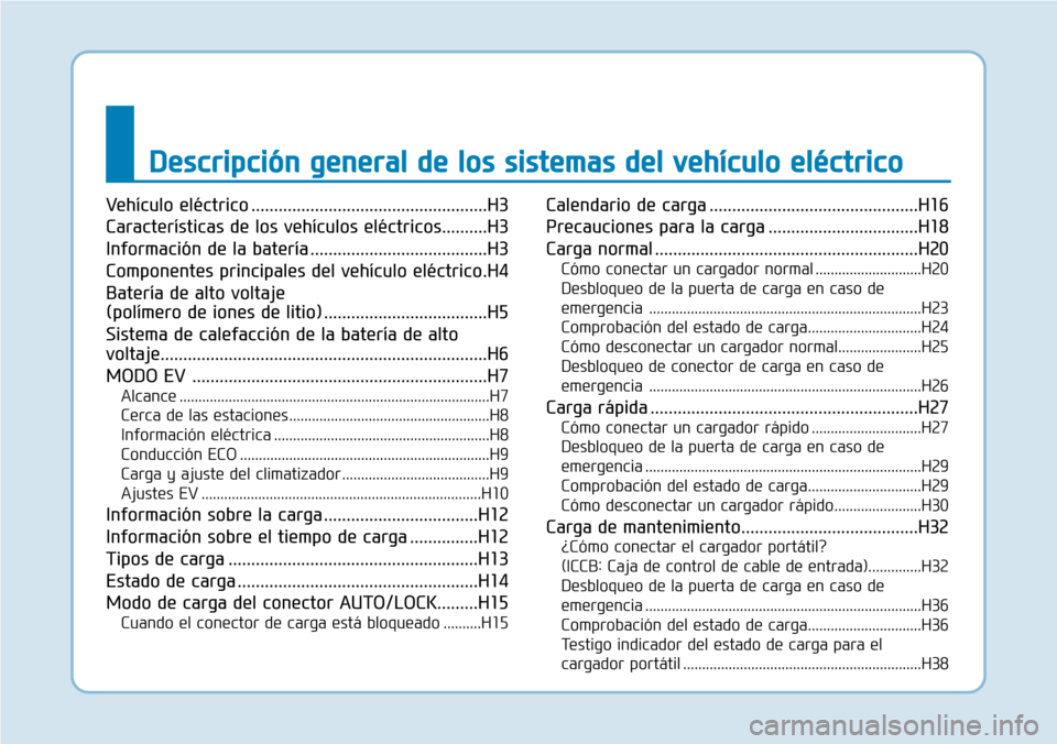 Hyundai Ioniq Electric 2018  Manual del propietario (in Spanish) Descripción general de los sistemas del vehículo eléctrico
Vehículo eléctrico ....................................................H3
Características de los vehículos eléctricos..........H3
Inf