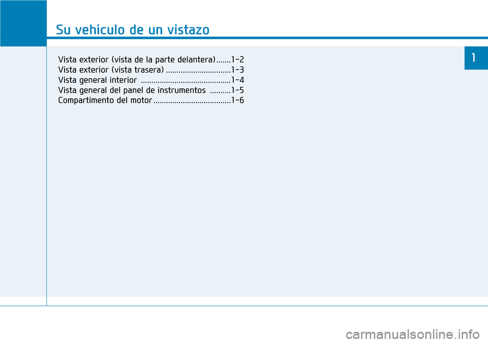 Hyundai Ioniq Electric 2018  Manual del propietario (in Spanish) Su vehículo de un vistazo
1
Su vehículo de un vistazo
1Vista exterior (vista de la parte delantera) .......1-2
Vista exterior (vista trasera) ...............................1-3
Vista general interio