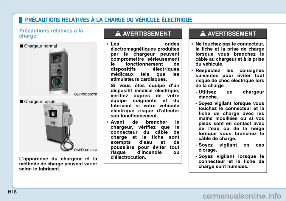Hyundai Ioniq Electric 2018  Manuel du propriétaire (in French) H18
Précautions relatives à la
charge
Lapparence du chargeur et la
méthode de charge peuvent varier
selon le fabricant.•Les ondes
électromagnétiques produites
par le chargeur peuvent
compromet