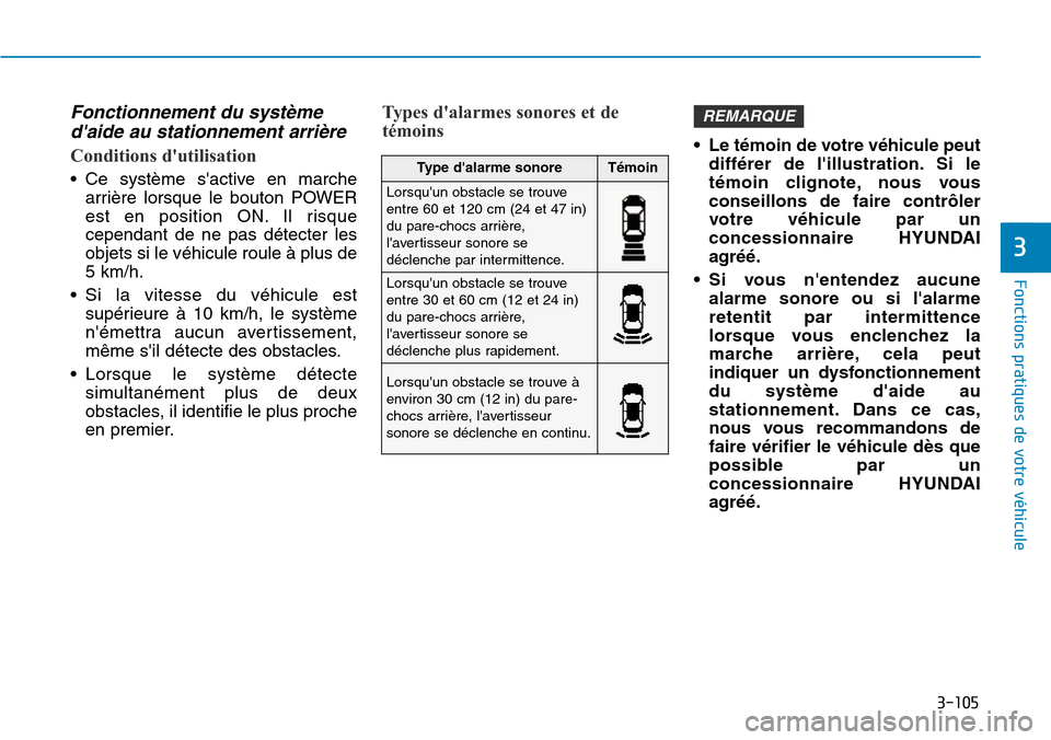 Hyundai Ioniq Electric 2018  Manuel du propriétaire (in French) 3-105
Fonctions pratiques de votre véhicule 
3
Fonctionnement du système
daide au stationnement arrière
Conditions dutilisation
• Ce système sactive en marche
arrière lorsque le bouton POWER