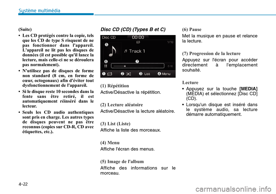 Hyundai Ioniq Electric 2018 Manuel du propriétaire (in French) 4-22
Système multimédia
(Suite)
• Les CD protégés contre la copie, tels
que les CD de type S risquent de ne
pas fonctionner dans lappareil.
Lappareil ne lit pas les disques de
données (il es Hyundai Ioniq Electric 2018 Manuel du propriétaire (in French) 4-22
Système multimédia
(Suite)
• Les CD protégés contre la copie, tels
que les CD de type S risquent de ne
pas fonctionner dans lappareil.
Lappareil ne lit pas les disques de
données (il es