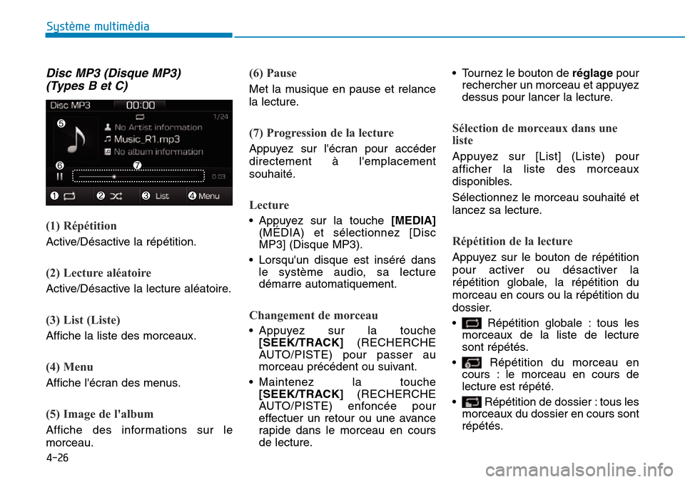 Hyundai Ioniq Electric 2018 Manuel du propriétaire (in French) 4-26
Système multimédia
Disc MP3 (Disque MP3)
(Types B et C)
(1) Répétition
Active/Désactive la répétition.
(2) Lecture aléatoire
Active/Désactive la lecture aléatoire.
(3) List (Liste)
Af Hyundai Ioniq Electric 2018 Manuel du propriétaire (in French) 4-26
Système multimédia
Disc MP3 (Disque MP3)
(Types B et C)
(1) Répétition
Active/Désactive la répétition.
(2) Lecture aléatoire
Active/Désactive la lecture aléatoire.
(3) List (Liste)
Af