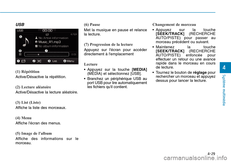 Hyundai Ioniq Electric 2018 Manuel du propriétaire (in French) 4-29
Système multimédia
4
USB
(1) Répétition
Active/Désactive la répétition.
(2) Lecture aléatoire
Active/Désactive la lecture aléatoire.
(3) List (Liste)
Affiche la liste des morceaux.
(4) Hyundai Ioniq Electric 2018 Manuel du propriétaire (in French) 4-29
Système multimédia
4
USB
(1) Répétition
Active/Désactive la répétition.
(2) Lecture aléatoire
Active/Désactive la lecture aléatoire.
(3) List (Liste)
Affiche la liste des morceaux.
(4)