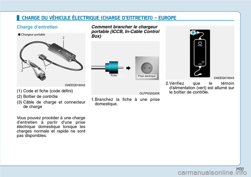 Hyundai Ioniq Electric 2018 Manuel du propriétaire (in French) H31
Charge dentretien
(1) Code et fiche (code défini)
(2) Boîtier de contrôle
(3) Câble de charge et connecteur
de charge
Vous pouvez procéder à une charge
dentretien à partir dune prise
él Hyundai Ioniq Electric 2018 Manuel du propriétaire (in French) H31
Charge dentretien
(1) Code et fiche (code défini)
(2) Boîtier de contrôle
(3) Câble de charge et connecteur
de charge
Vous pouvez procéder à une charge
dentretien à partir dune prise
él