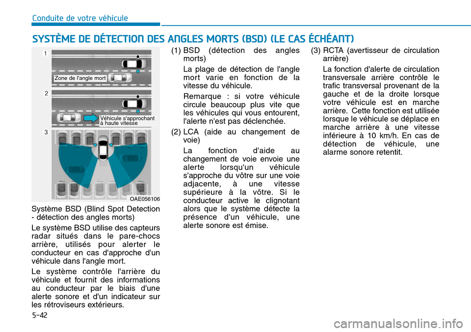 Hyundai Ioniq Electric 2018 Manuel du propriétaire (in French) 5-42
Conduite de votre véhicule
Système BSD (Blind Spot Detection
- détection des angles morts)
Le système BSD utilise des capteurs
radar situés dans le pare-chocs
arrière, utilisés pour alerte Hyundai Ioniq Electric 2018 Manuel du propriétaire (in French) 5-42
Conduite de votre véhicule
Système BSD (Blind Spot Detection
- détection des angles morts)
Le système BSD utilise des capteurs
radar situés dans le pare-chocs
arrière, utilisés pour alerte