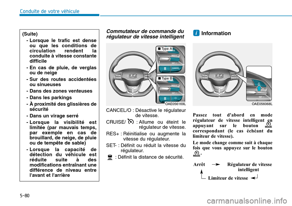 Hyundai Ioniq Electric 2018 Manuel du propriétaire (in French) 5-80
Conduite de votre véhicule
Commutateur de commande du
régulateur de vitesse intelligent
CANCEL/O : Désactive le régulateur
de vitesse.
CRUISE/ :Allume ou éteint le
régulateur de vitesse.
RE Hyundai Ioniq Electric 2018 Manuel du propriétaire (in French) 5-80
Conduite de votre véhicule
Commutateur de commande du
régulateur de vitesse intelligent
CANCEL/O : Désactive le régulateur
de vitesse.
CRUISE/ :Allume ou éteint le
régulateur de vitesse.
RE