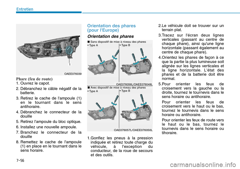 Hyundai Ioniq Electric 2018 Manuel du propriétaire (in French) 7-56
Entretien
Phare (feu de route)
1. Ouvrez le capot.
2. Débranchez le câble négatif de la
batterie.
3. Retirez le cache de lampoule (1)
en le tournant dans le sens
antihoraire.
4. Débranchez l Hyundai Ioniq Electric 2018 Manuel du propriétaire (in French) 7-56
Entretien
Phare (feu de route)
1. Ouvrez le capot.
2. Débranchez le câble négatif de la
batterie.
3. Retirez le cache de lampoule (1)
en le tournant dans le sens
antihoraire.
4. Débranchez l