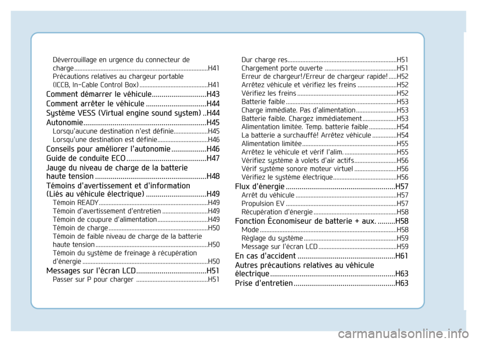 Hyundai Ioniq Electric 2018  Manuel du propriétaire (in French) Déverrouillage en urgence du connecteur de 
charge ..................................................................................H41
Précautions relatives au chargeur portable 
(ICCB, In-Cable C