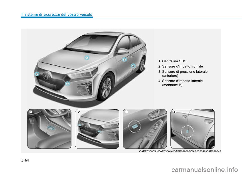 Hyundai Ioniq Electric 2018  Manuale del proprietario (in Italian) 2-64
Il sistema di sicurezza del vostro veicolo
1. Centralina SRS
2. Sensore dimpatto frontale
3. Sensore di pressione laterale(anteriore)
4. Sensore dimpatto laterale (montante B)
OAEE036005L/OAE03