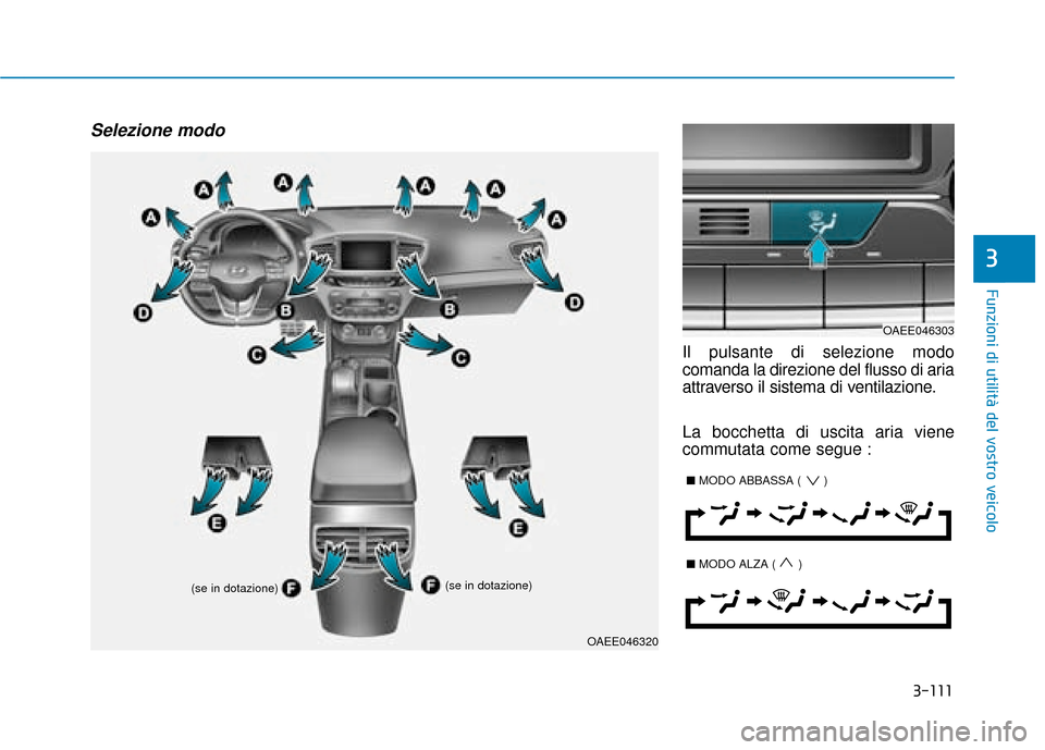 Hyundai Ioniq Electric 2018  Manuale del proprietario (in Italian) 3-111
Funzioni di utilità del vostro veicolo
3
Selezione modo
Il pulsante di selezione modo
comanda la direzione del flusso di aria
attraverso il sistema di ventilazione.
La bocchetta di uscita aria 