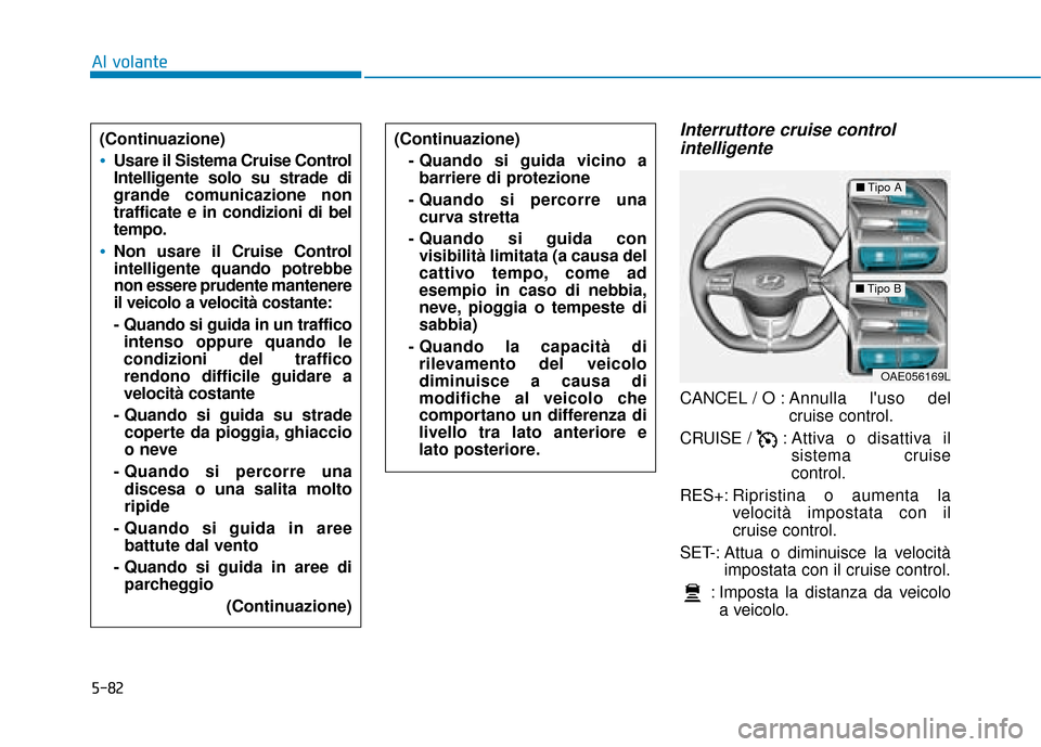Hyundai Ioniq Electric 2018 Manuale del proprietario (in Italian) 5-82
Al volante
Interruttore cruise controlintelligente
CANCEL / O : Ann ulla luso del
cruise control.
CRUISE / : Attiva o disattiva il
sistema cruise
control.
RES+: Ripristina o aumenta la
veloci Hyundai Ioniq Electric 2018 Manuale del proprietario (in Italian) 5-82
Al volante
Interruttore cruise controlintelligente
CANCEL / O : Ann ulla luso del
cruise control.
CRUISE / : Attiva o disattiva il
sistema cruise
control.
RES+: Ripristina o aumenta la
veloci