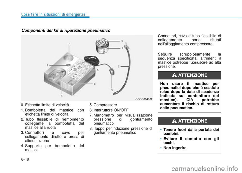 Hyundai Ioniq Electric 2018  Manuale del proprietario (in Italian) 6-18
Cosa fare in situazioni di emergenza
0. Etichetta limite di velocità
1. Bomboletta del mastice con etichetta limite di velocità
2. Tubo flessibile di riempimento collegante la bomboletta del
ma