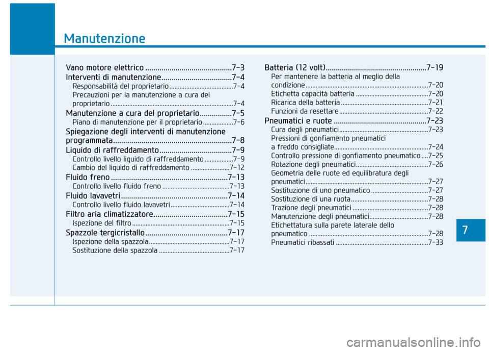 Hyundai Ioniq Electric 2018 Manuale del proprietario (in Italian) 7
Manutenzione
7
Manutenzione
Vano motore elettrico ...........................................7-3
Interventi di manutenzione...................................7-4
Responsabilità del proprietario ... Hyundai Ioniq Electric 2018 Manuale del proprietario (in Italian) 7
Manutenzione
7
Manutenzione
Vano motore elettrico ...........................................7-3
Interventi di manutenzione...................................7-4
Responsabilità del proprietario ...
