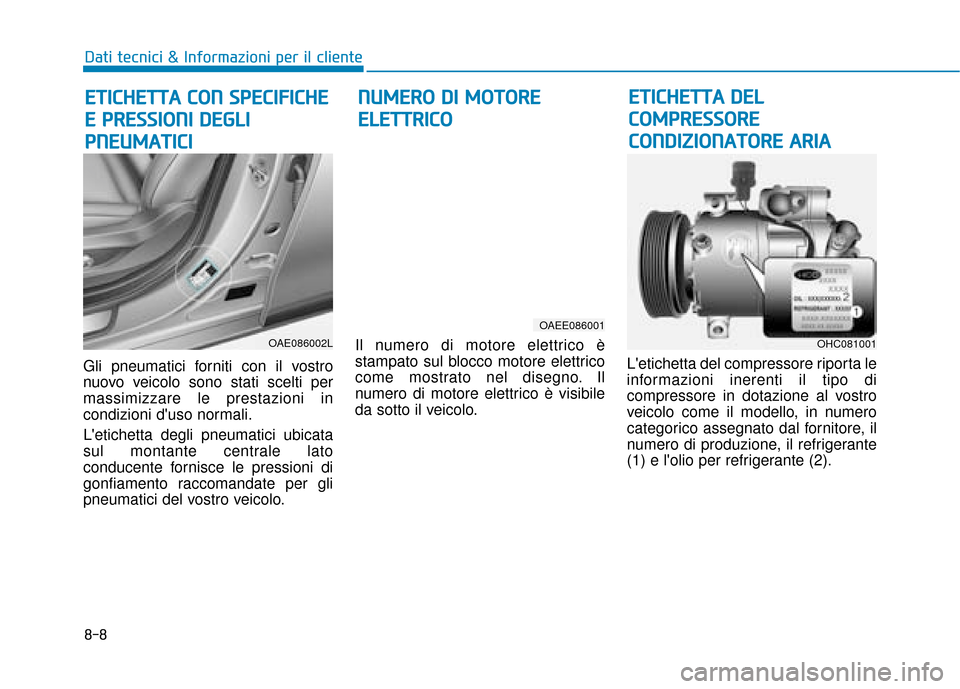 Hyundai Ioniq Electric 2018  Manuale del proprietario (in Italian) 8-8
Dati tecnici & Informazioni per il cliente
Gli pneumatici forniti con il vostro
nuovo veicolo sono stati scelti per
massimizzare le prestazioni in
condizioni duso normali.
Letichetta degli pneum