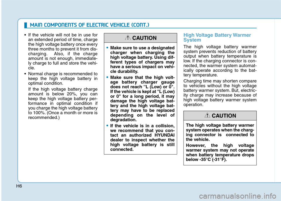 Hyundai Ioniq Electric 2017  Owners Manual H6
 If the vehicle will not be in use foran extended period of time, charge 
the high voltage battery once every
three months to prevent it from dis-
charging. Also, if the chargeamount is not enough,