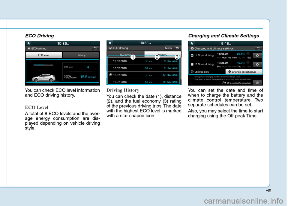 Hyundai Ioniq Electric 2017  Owners Manual H9
ECO Driving
You can check ECO level information 
and ECO driving history.
ECO Level
A total of 8 ECO levels and the aver- age energy consumption are dis-
played depending on vehicle driving
style.
