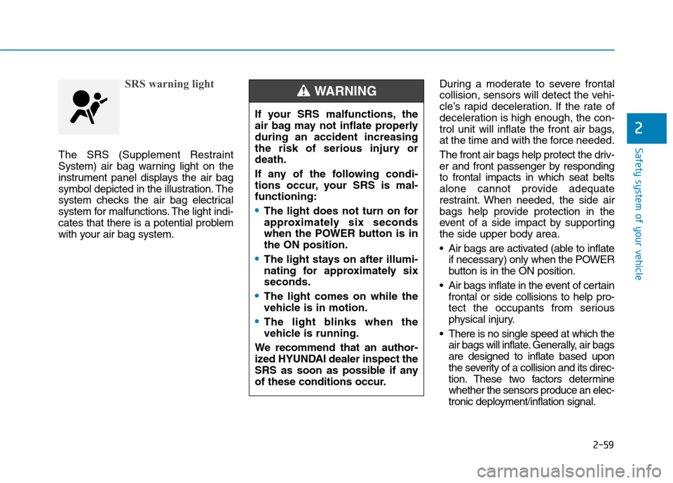 Hyundai Ioniq Electric 2017 Owners Manual 2-59
Safety system of your vehicle
2
SRS warning light
The SRS (Supplement Restraint
System) air bag warning light on the
instrument panel displays the air bag
symbol depicted in the illustration. Th Hyundai Ioniq Electric 2017 Owners Manual 2-59
Safety system of your vehicle
2
SRS warning light
The SRS (Supplement Restraint
System) air bag warning light on the
instrument panel displays the air bag
symbol depicted in the illustration. Th