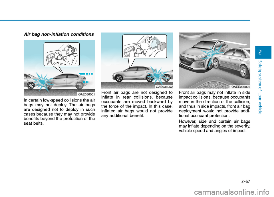 Hyundai Ioniq Electric 2017 Owners Manual 2-67
Safety system of your vehicle
2
Air bag non-inflation conditions
In certain low-speed collisions the air
bags may not deploy. The air bags
are designed not to deploy in such
cases because they Hyundai Ioniq Electric 2017 Owners Manual 2-67
Safety system of your vehicle
2
Air bag non-inflation conditions
In certain low-speed collisions the air
bags may not deploy. The air bags
are designed not to deploy in such
cases because they