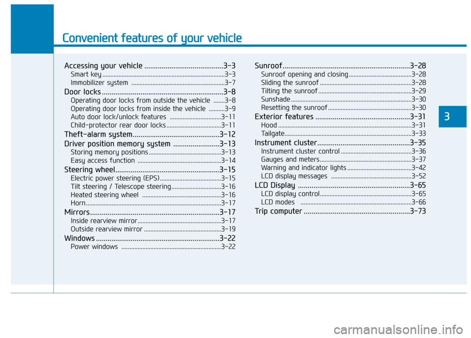 Hyundai Ioniq Electric 2017  Owners Manual Convenient features of your vehicle
Accessing your vehicle .........................................3-3Smart key ............................................................................3-3 
Immobi