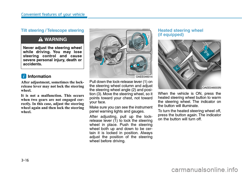 Hyundai Ioniq Electric 2017 Owners Manual 3-16
Convenient features of your vehicle
Tilt steering / Telescope steering
Information
After adjustment, sometimes the lock-
release lever may not lock the steering
wheel.
It is not a malfunction. Hyundai Ioniq Electric 2017 Owners Manual 3-16
Convenient features of your vehicle
Tilt steering / Telescope steering
Information
After adjustment, sometimes the lock-
release lever may not lock the steering
wheel.
It is not a malfunction.