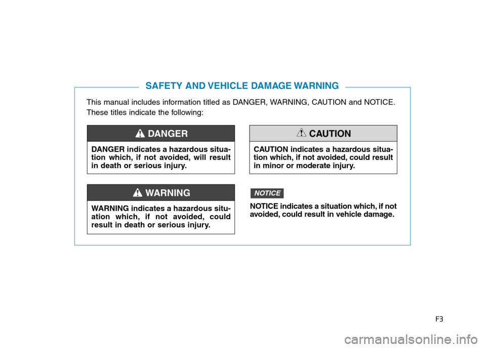 Hyundai Ioniq Electric 2017 Owners Manual F3
This manual includes information titled as DANGER, WARNING, CAUTION and NOTICE.
These titles indicate the following:
SAFETY AND VEHICLE DAMAGE WARNING
DANGER indicates a hazardous situa-
tion whi Hyundai Ioniq Electric 2017 Owners Manual F3
This manual includes information titled as DANGER, WARNING, CAUTION and NOTICE.
These titles indicate the following:
SAFETY AND VEHICLE DAMAGE WARNING
DANGER indicates a hazardous situa-
tion whi