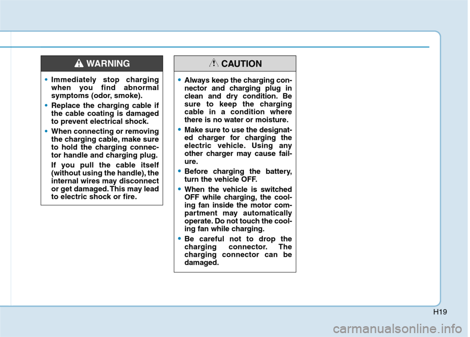Hyundai Ioniq Electric 2017 Owners Guide H19
Immediately stop charging 
when you find abnormal
symptoms (odor, smoke).
Replace the charging cable if 
the cable coating is damaged
to prevent electrical shock.
When connecting or removing 
the 