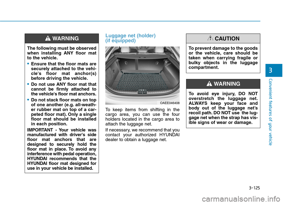 Hyundai Ioniq Electric 2017  Owners Manual 3-125
Convenient features of your vehicle
3
Luggage net (holder)  (if equipped)
To keep items from shifting in the 
cargo area, you can use the fourholders located in the cargo area toattach the lugga