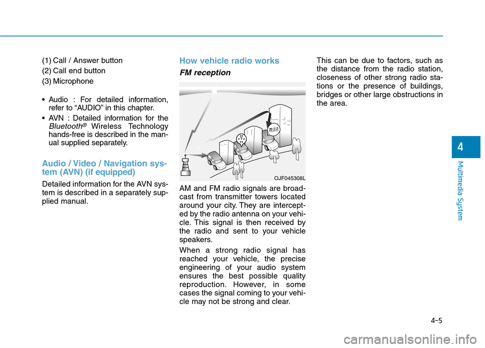 Hyundai Ioniq Electric 2017  Owners Manual (1) Call / Answer button 
(2) Call end button
(3) Microphone 
 Audio : For detailed information,refer to “AUDIO” in this chapter.
 AVN : Detailed information for the
Bluetooth® Wireless Technolog