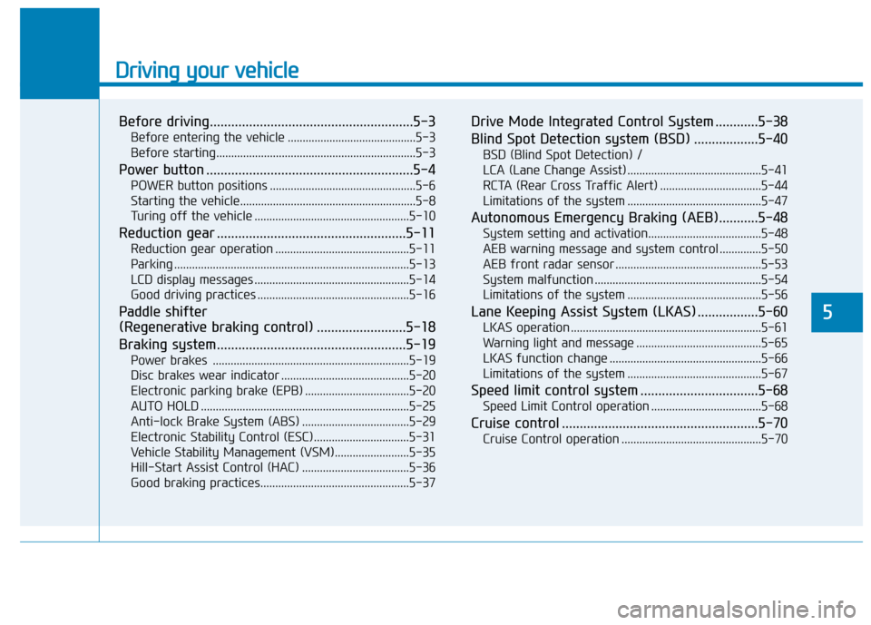 Hyundai Ioniq Electric 2017  Owners Manual Driving your vehicle
Before driving.........................................................5-3Before entering the vehicle ...........................................5-3 
Before starting..............