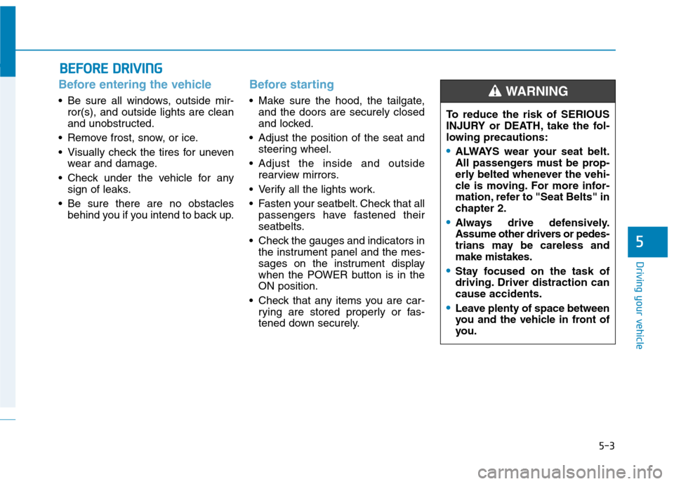 Hyundai Ioniq Electric 2017  Owners Manual 5-3
Driving your vehicle
5
Before entering the vehicle 
• Be sure all windows, outside mir-ror(s), and outside lights are clean 
and unobstructed.
 Remove frost, snow, or ice. 
 Visually check the t