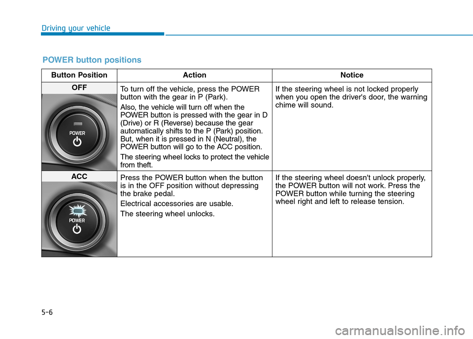 Hyundai Ioniq Electric 2017  Owners Manual 5-6
Driving your vehicle
POWER button positions
Button Position ActionNotice
OFF
To turn off the vehicle, press the POWER 
button with the gear in P (Park). 
Also, the vehicle will turn off when the 
