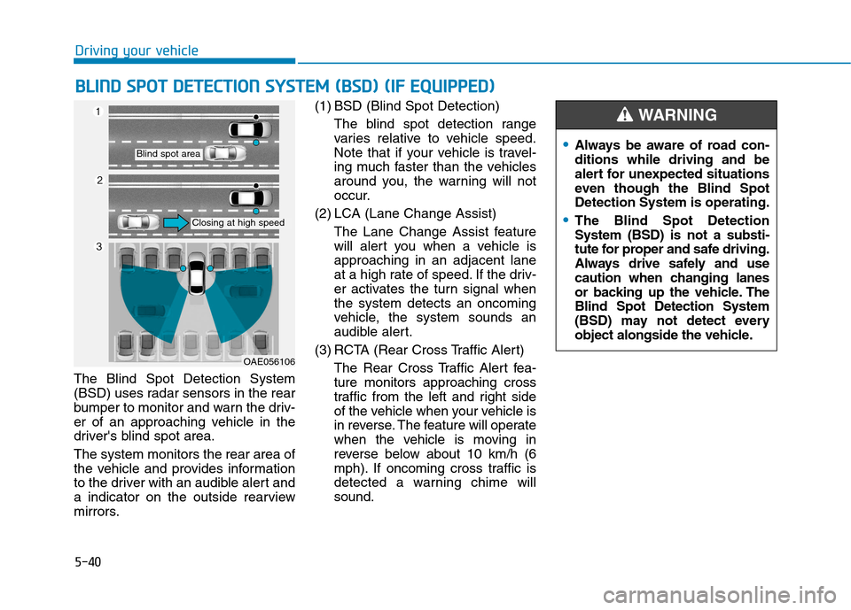 Hyundai Ioniq Electric 2017  Owners Manual 5-40
Driving your vehicle
The Blind Spot Detection System 
(BSD) uses radar sensors in the rear
bumper to monitor and warn the driv-
er of an approaching vehicle in the
drivers blind spot area. The s