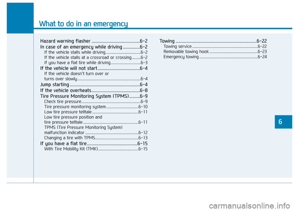 Hyundai Ioniq Electric 2017  Owners Manual What to do in an emergency
Hazard warning flasher ........................................6-2 
In case of an emergency while driving ..............6-2If the vehicle stalls while driving...............