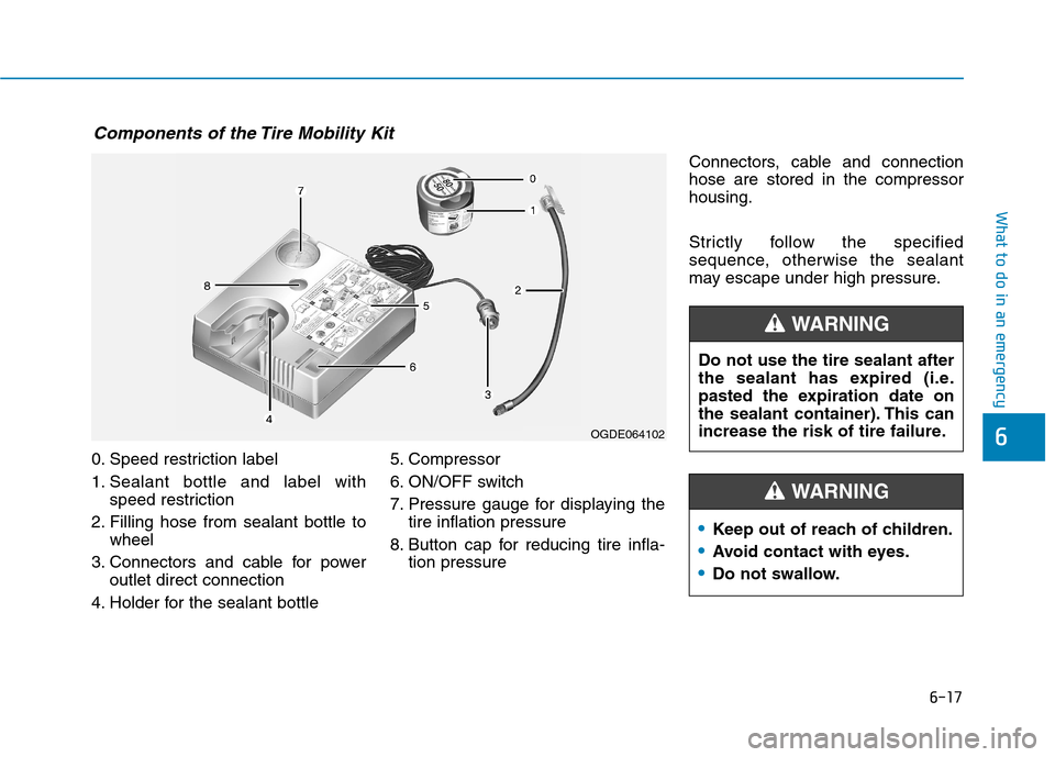 Hyundai Ioniq Electric 2017 Owners Manual 6-17
What to do in an emergency
6
0. Speed restriction label
1. Sealant bottle and label withspeed restriction
2. Filling hose from sealant bottle to wheel
3. Connectors and cable for power outlet di Hyundai Ioniq Electric 2017 Owners Manual 6-17
What to do in an emergency
6
0. Speed restriction label
1. Sealant bottle and label withspeed restriction
2. Filling hose from sealant bottle to wheel
3. Connectors and cable for power outlet di